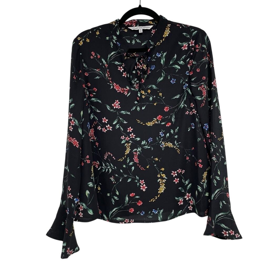 Cupcakes & Cashmere Black Floral Bell Sleeve Boho Blouse S Multi Color Tie Neck